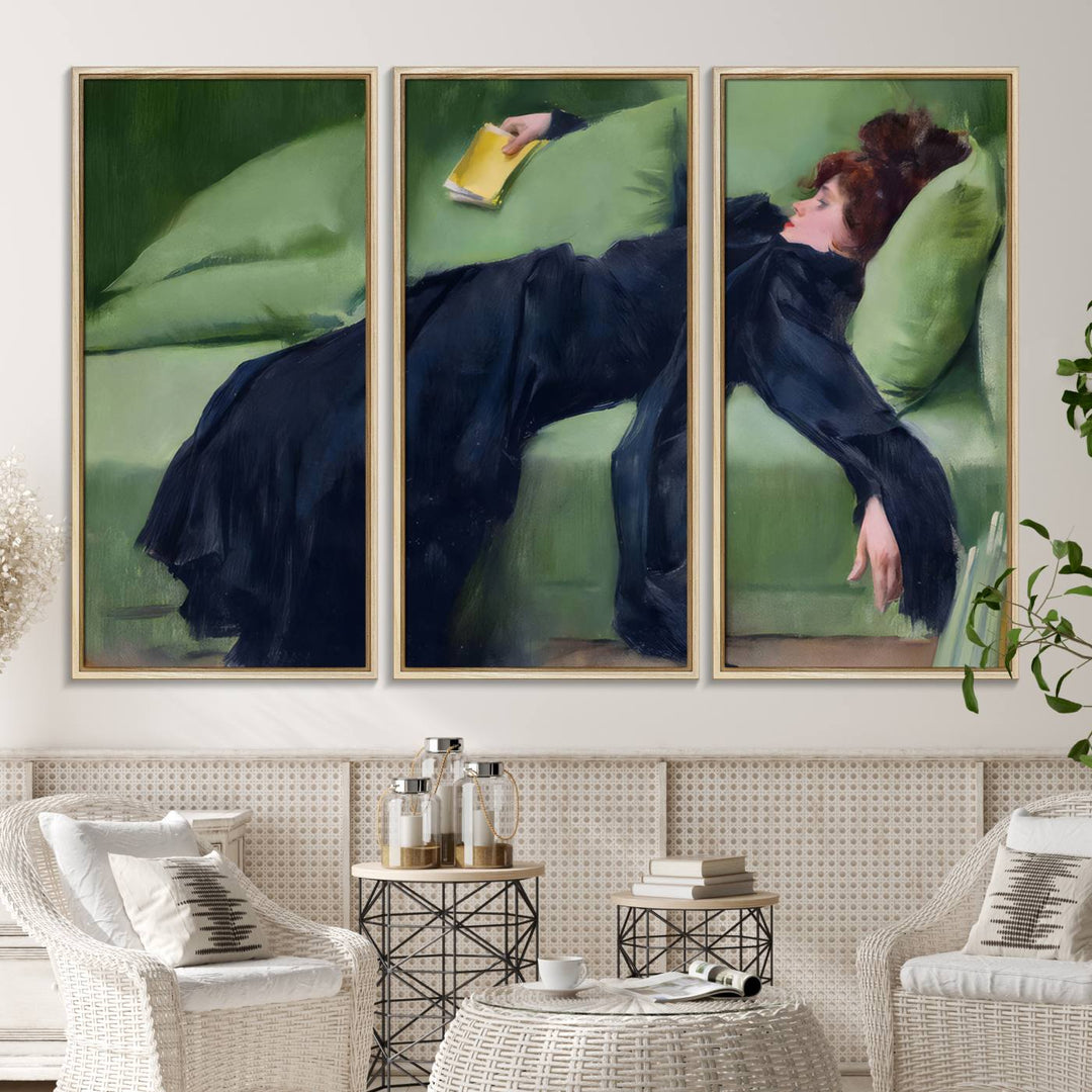 A modern kitchen features a Decadent Girl by Ramon Casas canvas print on the wall.