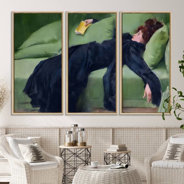 A modern kitchen features a Decadent Girl by Ramon Casas canvas print on the wall.