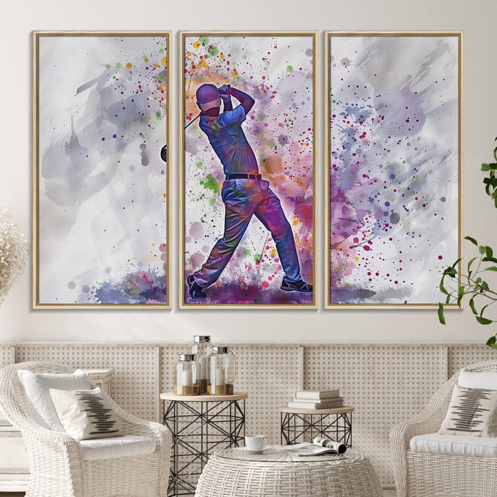Vibrant abstract silhouette of a golf swing on white with multicolored splatters. Perfect for enthusiasts!.