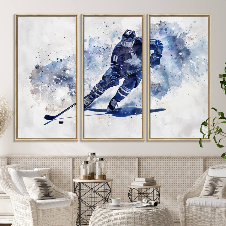 Vibrant Hockey Player Wall Art Display: Blue watercolor print.