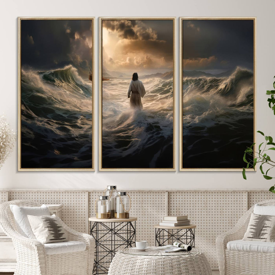 The wall art canvas print depicts a person in white striding on stormy ocean waves towards a sailboat under dramatic skies.