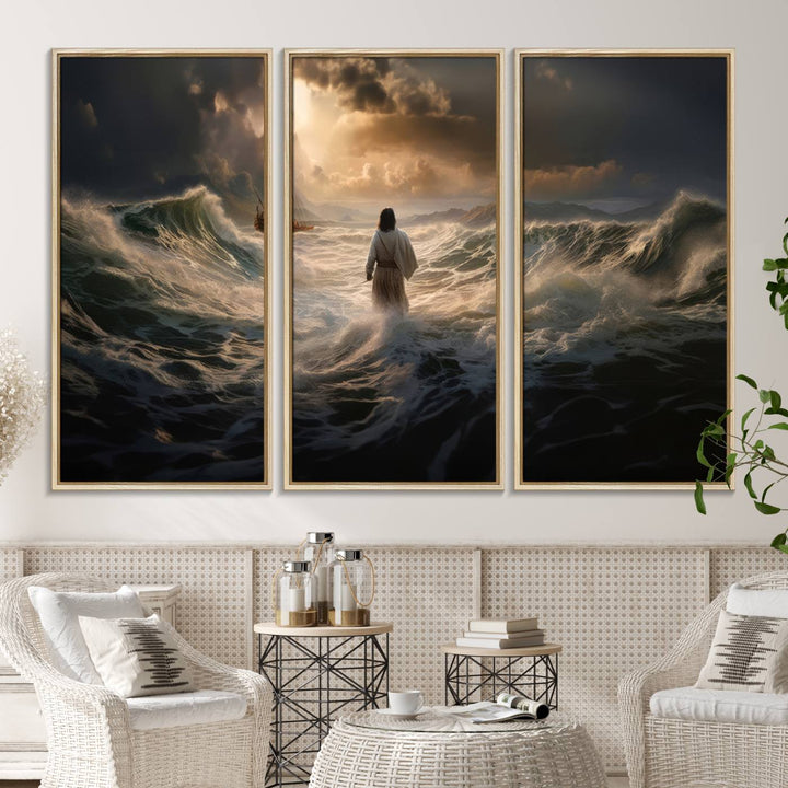 The wall art canvas print depicts a person in white striding on stormy ocean waves towards a sailboat under dramatic skies.