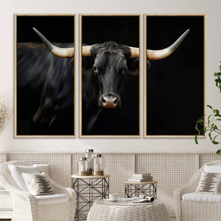 The "Texas Longhorn Cow | Majestic Black Bull Wall Art Canvas Print" introduces rustic charm to a chic sitting area.