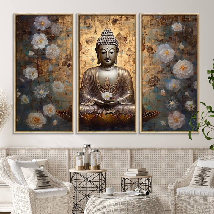 Golden Buddha wall art canvas print on a warm backdrop.