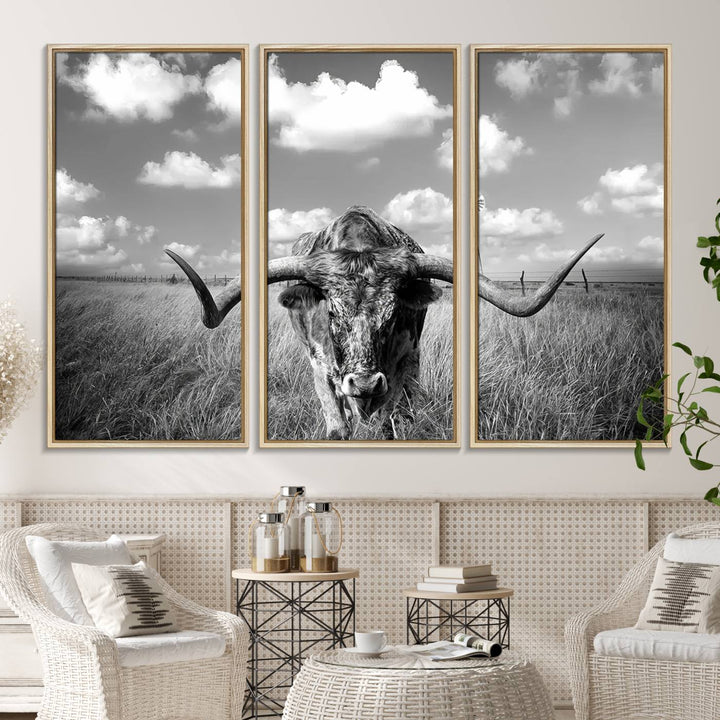 Longhorn Cow Field Canvas Print featuring rustic charm with a windmill backdrop.