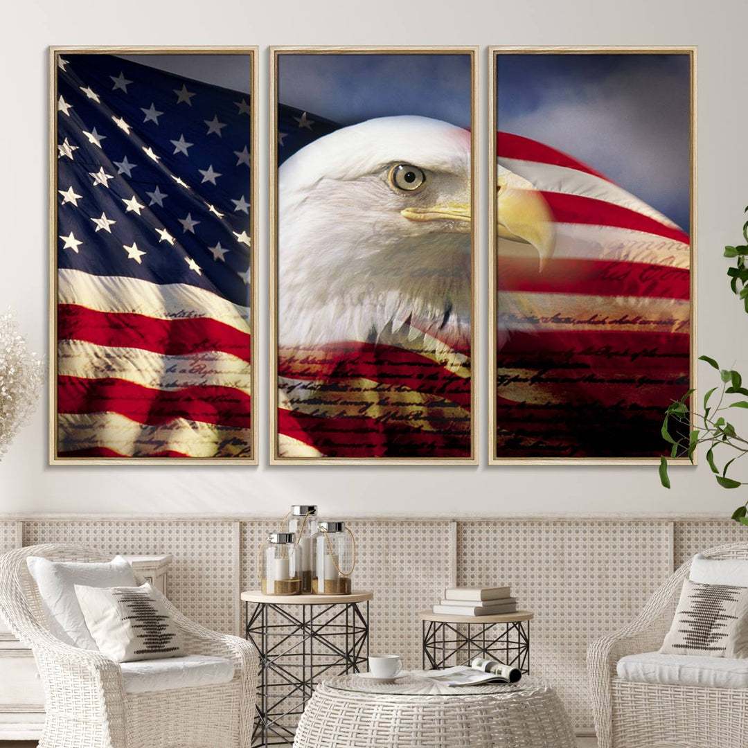 On the wall is an American Flag Eagle Symbol Wall Art Canvas Print.