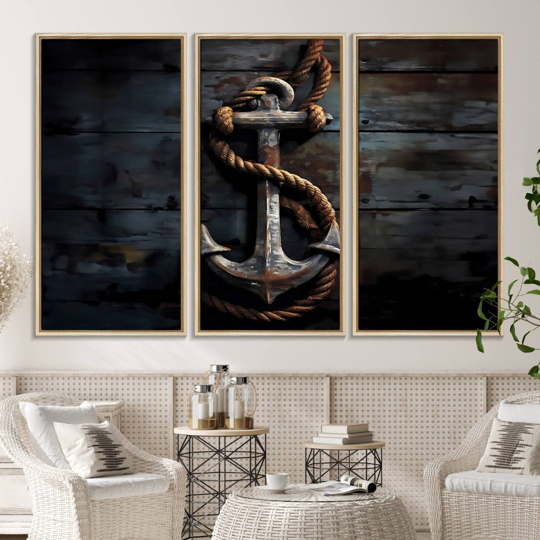 The wooden wall displays a 3 Panel Grunge Abstract Anchor Wall Art Canvas Print Set.