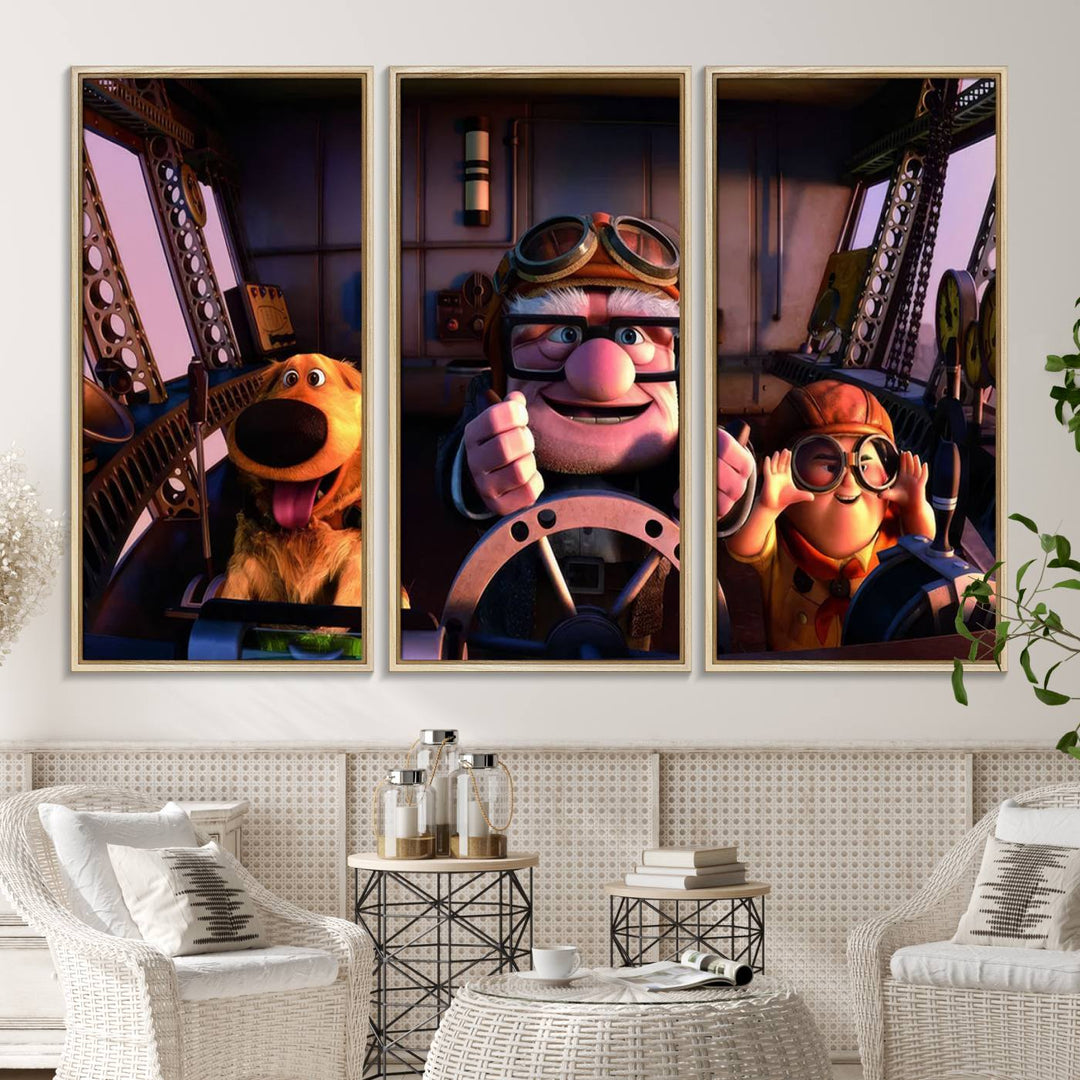 A man, boy, and dog flying a plane are depicted in the Carl Russel & Dog Movie Up wall art.