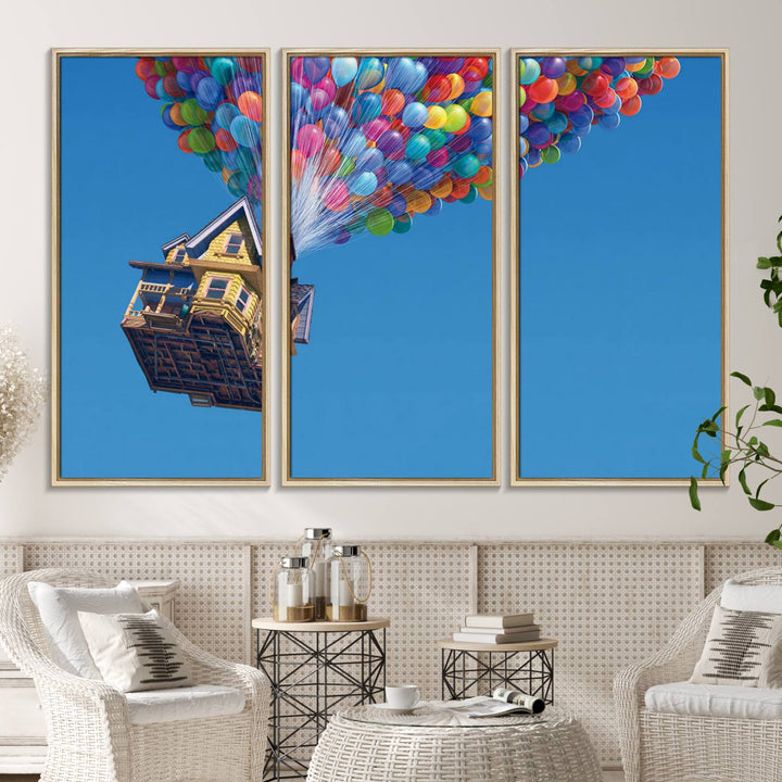 The Up house floats skyward, making it an ideal Carl Fredricksen wall art for kids rooms.