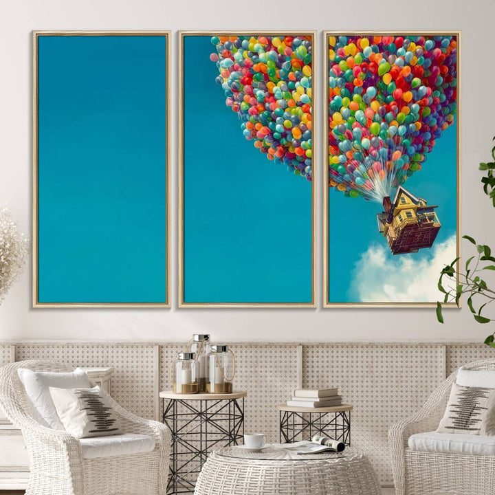 The Carl Fredricksen Up Movie Wall Art, featuring a colorful balloon house, adds vibrant decor to the space.