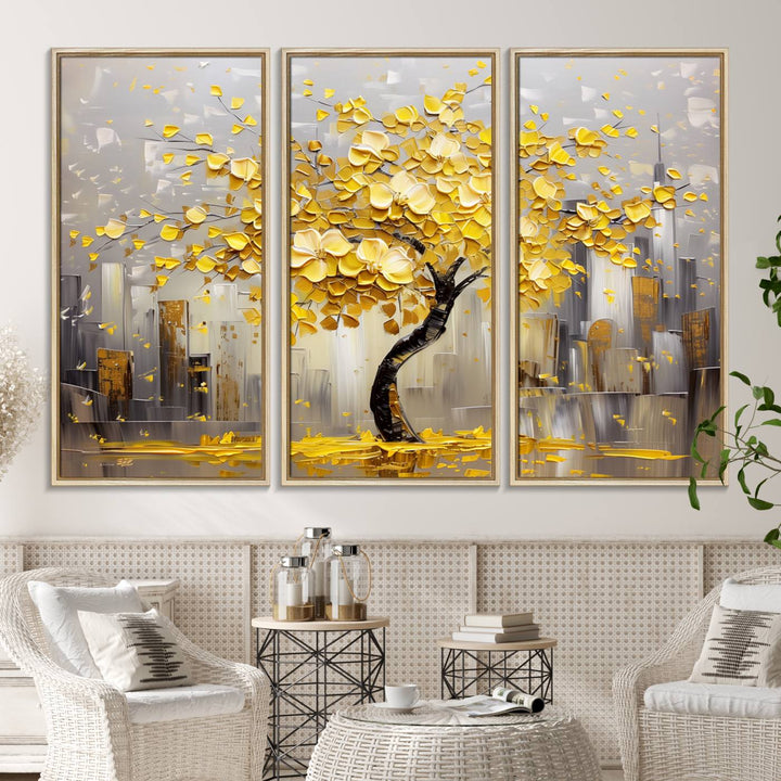 Golden Tree Canvas Print: Abstract wall art featuring golden leaves over a cityscape, ideal for modern homes. Ready to hang.