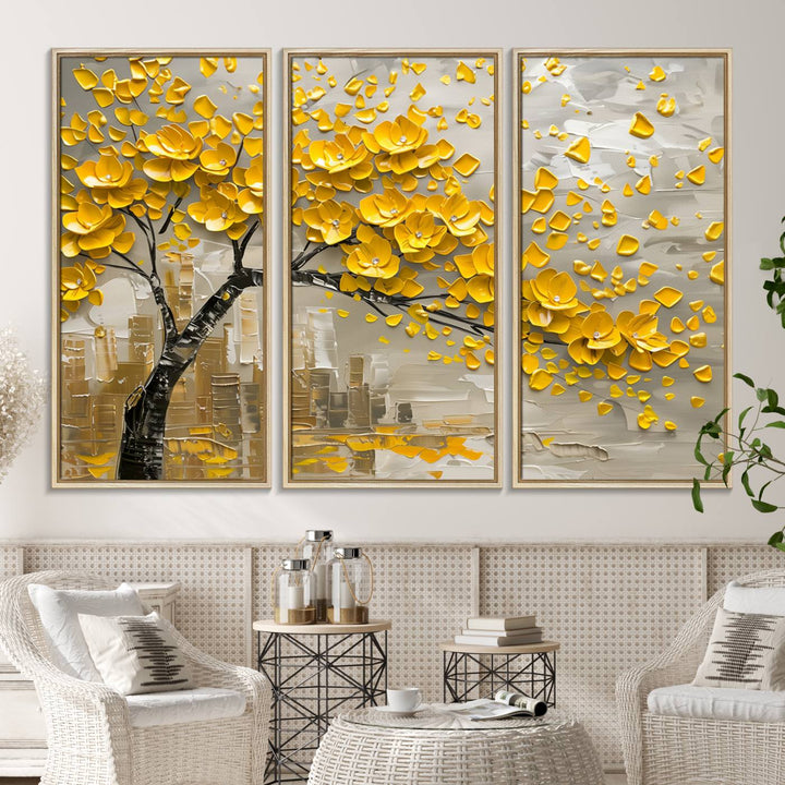 The living room showcases a Yellow Blossom Tree Canvas Wall Art, modern and floral.