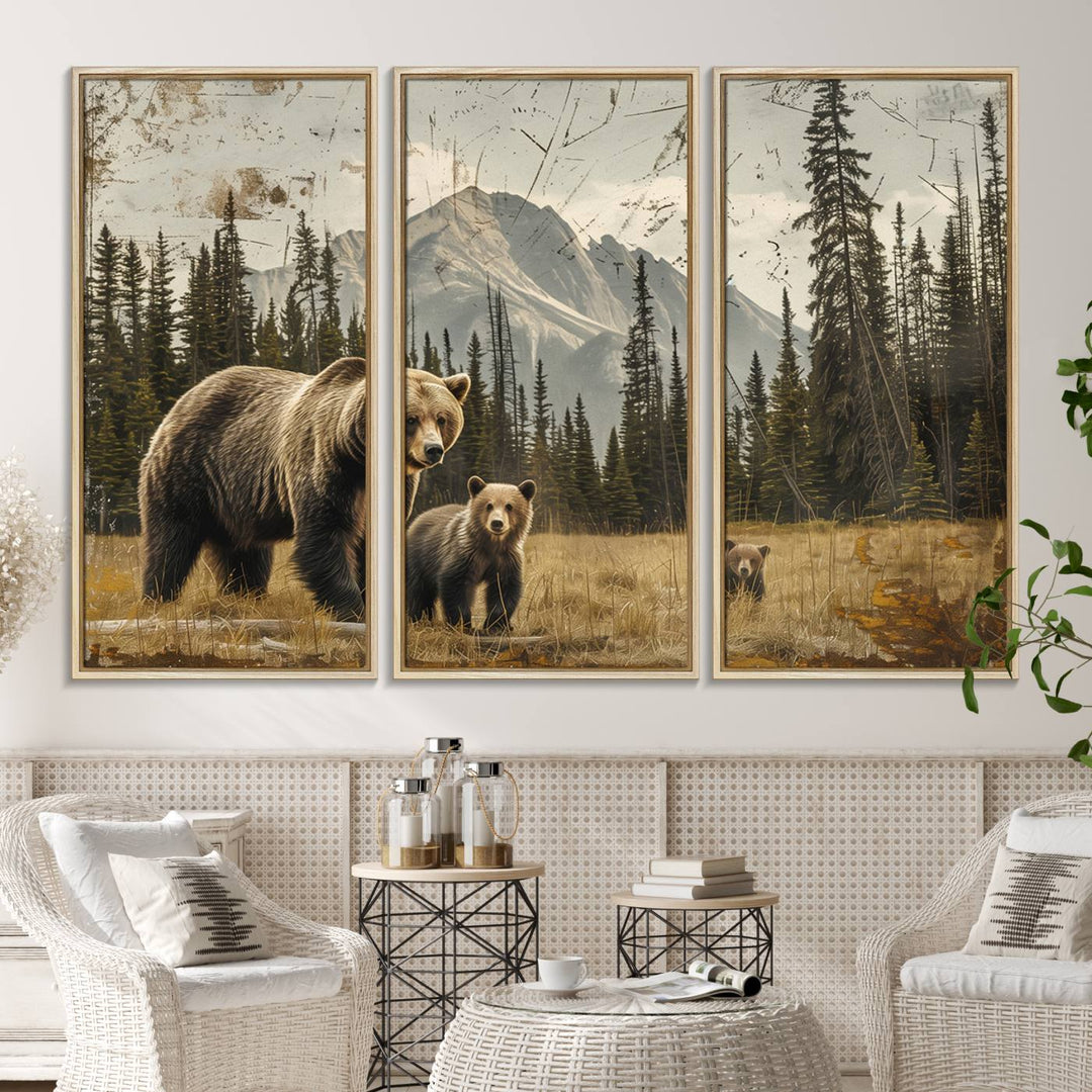 Rustic Grizzly 399: Bear Family Wall Art Canvas Print.