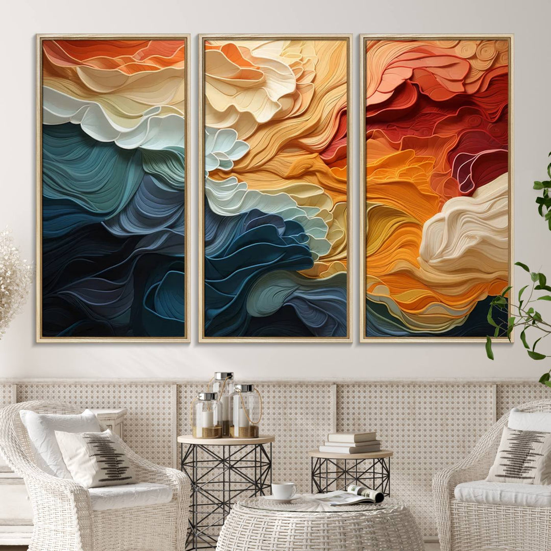 Blue Orange Abstract Wave Wall Art Canvas Print.