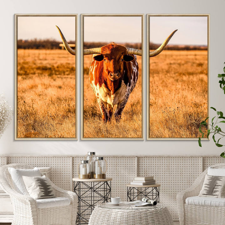 The Longhorn Cow Wall Art framed canvas brings rustic charm and farmhouse decor with its warm field scene.