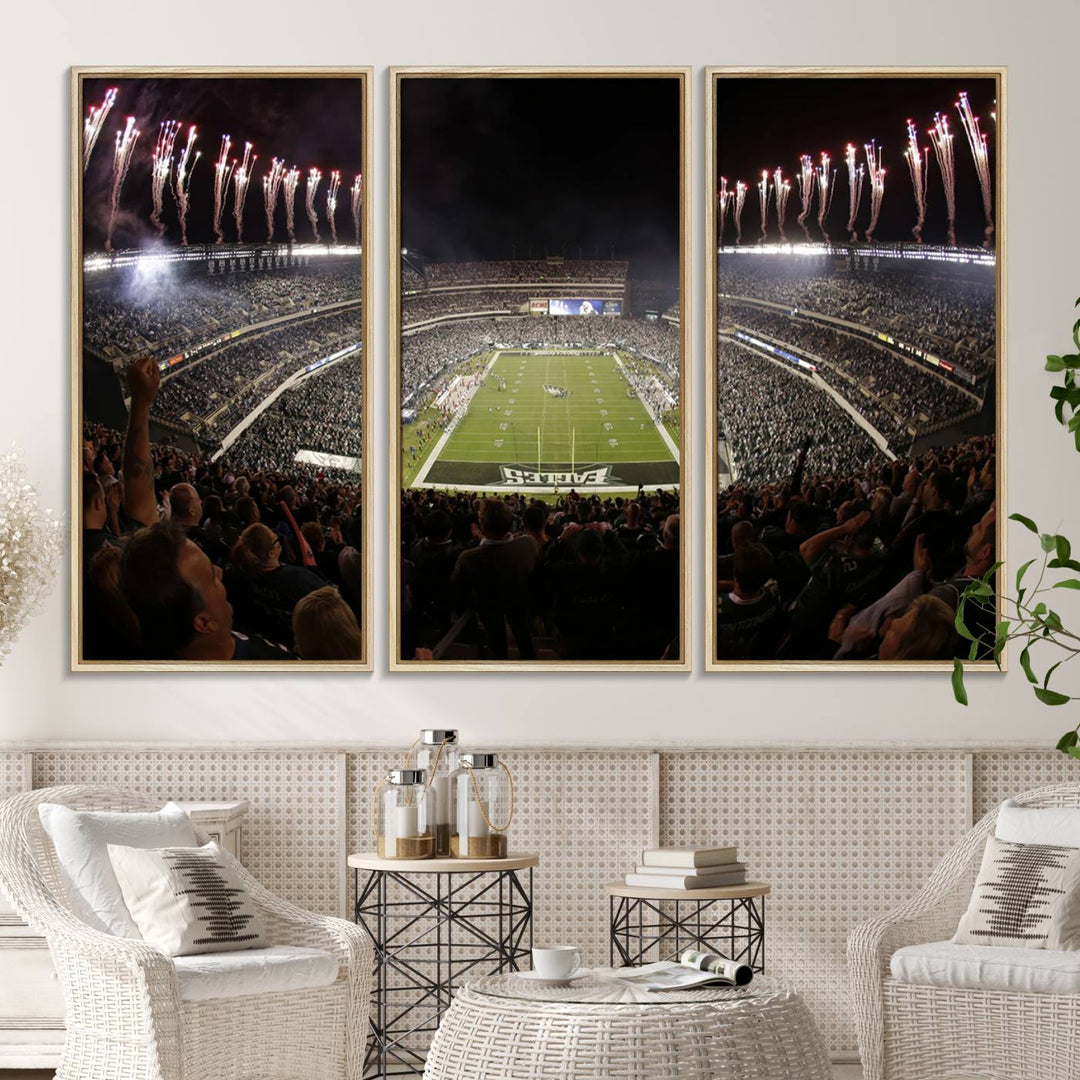 The wall art of Eagles Field Stadium showcases nighttime fireworks over a full stadium.