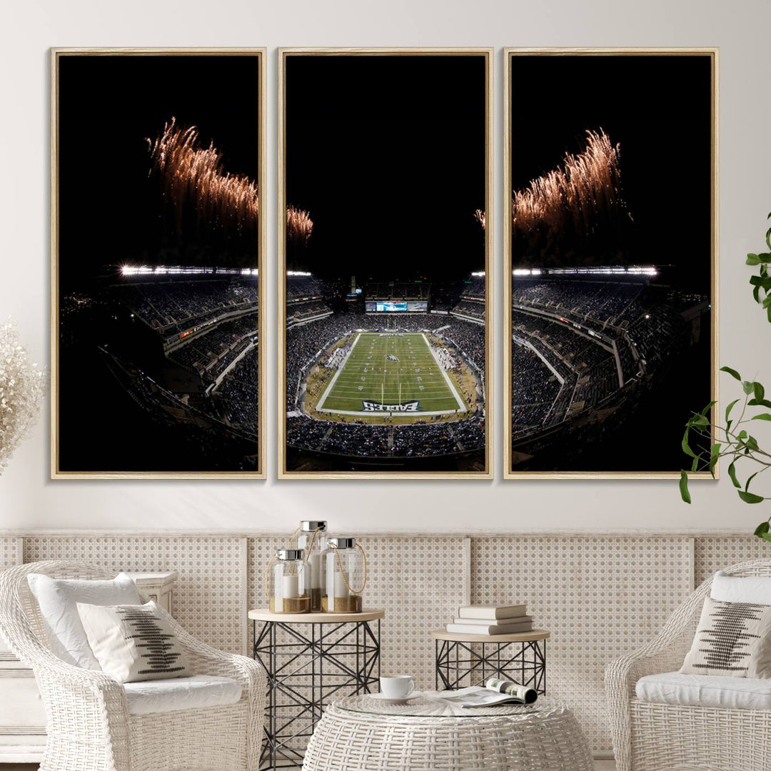 Eagles Stadium Wall Art depicting a nighttime game and fireworks at Lincoln Financial Field.