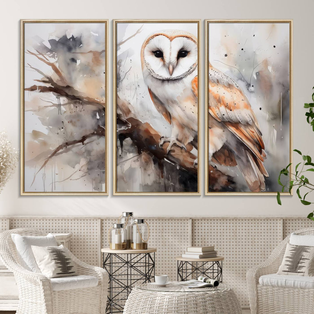 The Barn Owl Wall Art watercolor canvas adds a rustic twist to farmhouse decor.