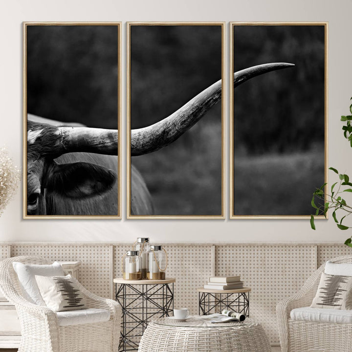 Cow Longhorn Wall Art: This black and white print adds rustic charm.