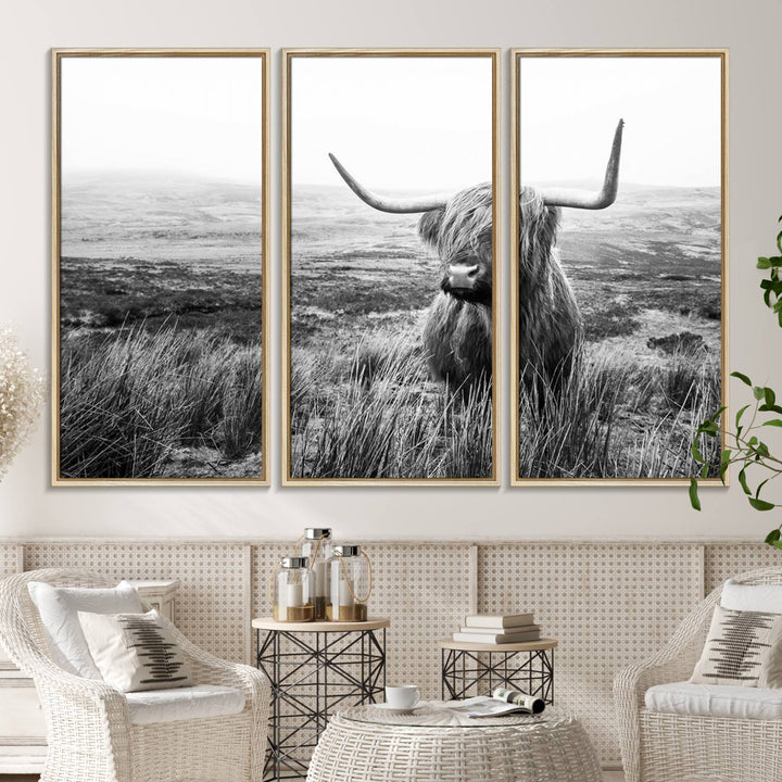 The Scottish Highland Cow black and white canvas print adds rustic farmhouse charm to any wall.