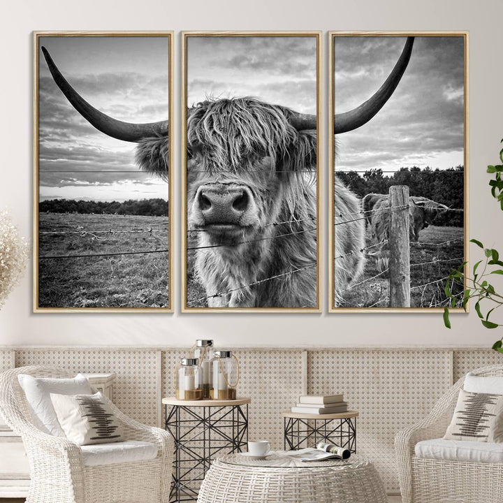 The Scottish Highland Cow Wall Art Canvas Print is ready to hang and framed, adding rustic farmhouse decor to your wall.