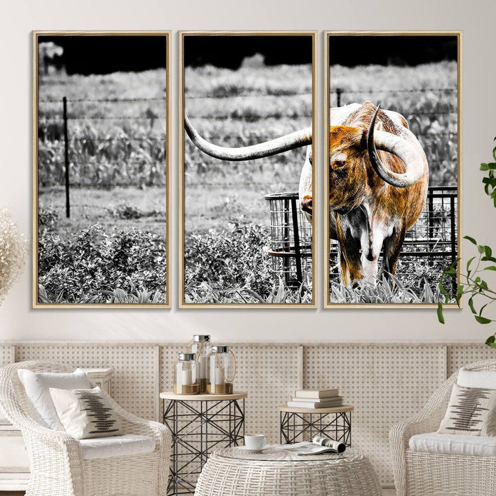 Majestic Texas Longhorn Cow Wall Art features a ready-to-hang canvas print that complements rustic farmhouse décor.