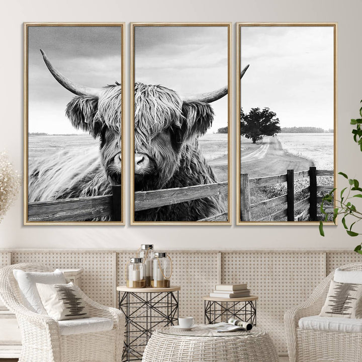 The Scottish Highland Cow Wall Art, a black and white canvas print, enhances rustic farmhouse décor.