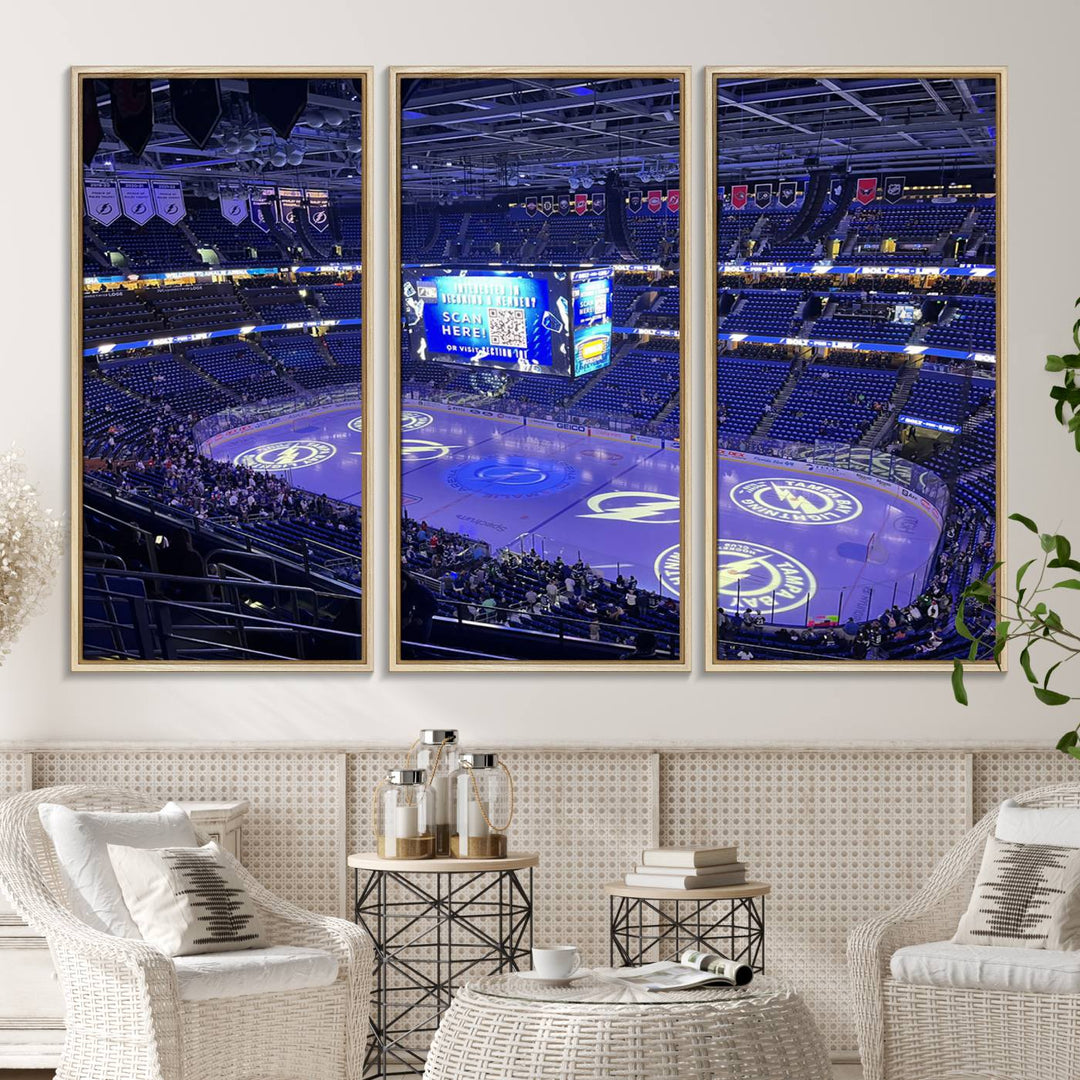 The wall art canvas print at Amalie Arena features team logos on ice, encapsulating the vibrant atmosphere of an NHL hockey stadium.