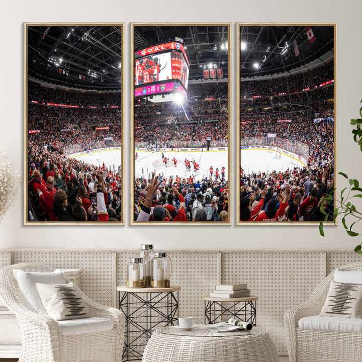 The wall art, a high-quality basketball arena canvas, evokes the excitement of fans cheering at the Amerant Bank Arena.