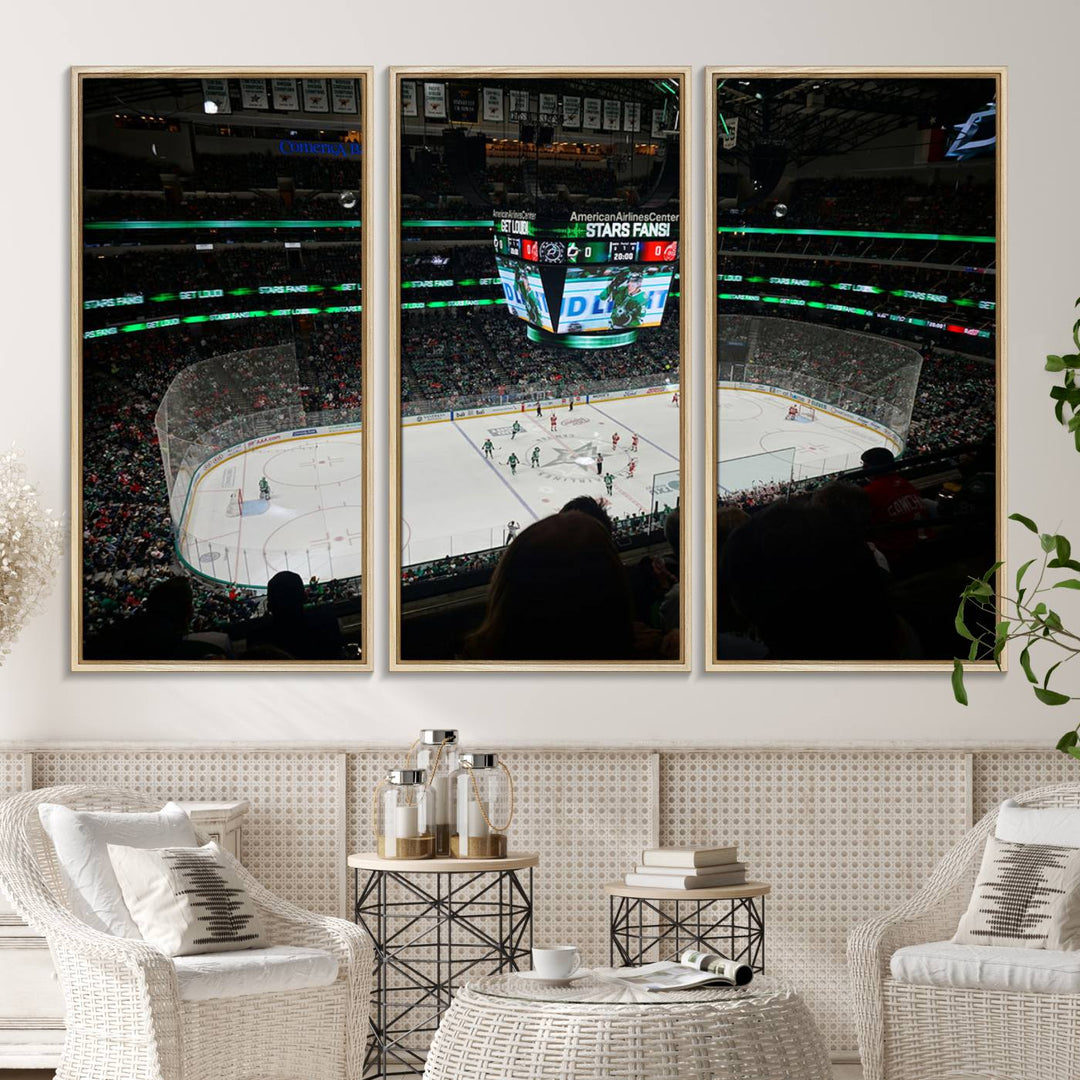 The Dallas Stars Wall Art Canvas Print is as clear as the scoreboard stats at a hockey game in a large arena with bright lights.