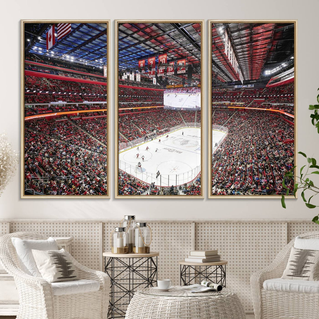 A Barton Malow canvas depicting Little Caesars Arena from above is beautifully printed in high resolution for your wall.