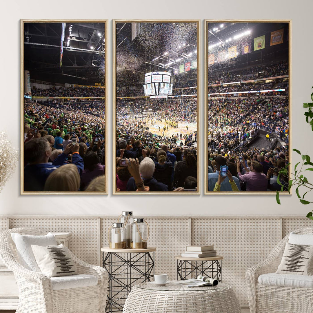 Our ready-to-hang canvas print captures the vibrant scene of the Bridgestone Arena illuminated with fans and confetti.