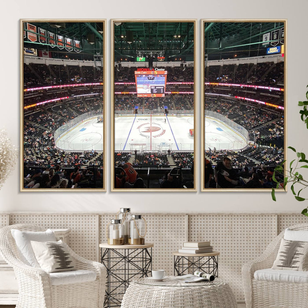 The wall art of the Honda Center California Anaheim Ducks Ice Hockey Stadium features a depiction of the rink and scoreboard from the perspective of the upper deck.