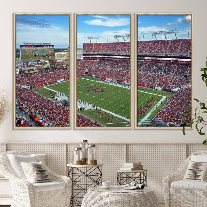 The Florida Tampa Raymond James Stadium Wall Art Canvas Print is featured above the cabinet.