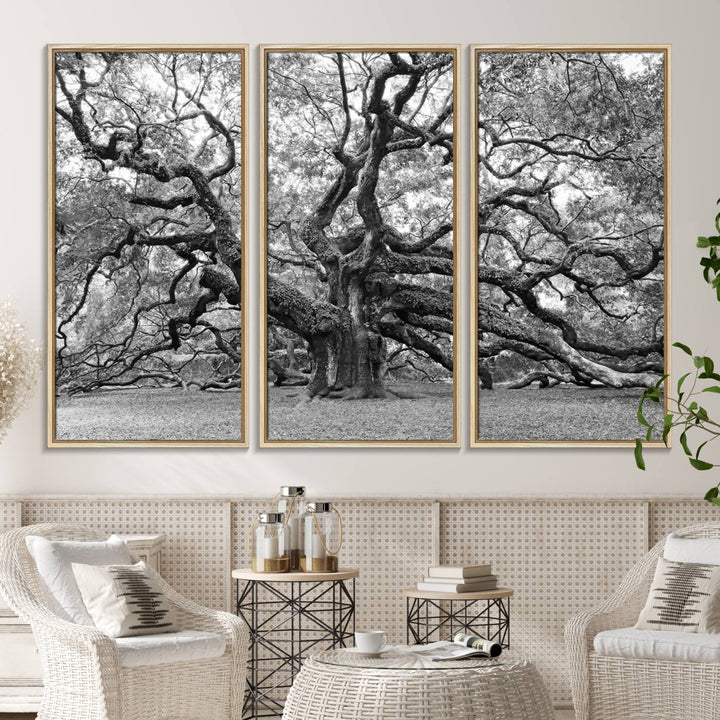 The Black White Angel Oak Tree wall art adds timeless, nature-inspired decor.