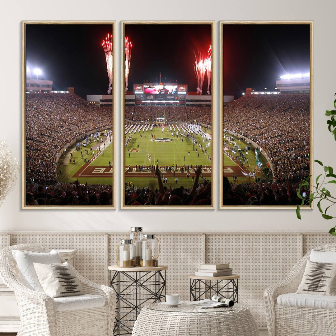 A vibrant wall art piece of the Florida State Seminoles sets a lively tone, depicting scenes filled with energy and celebration.