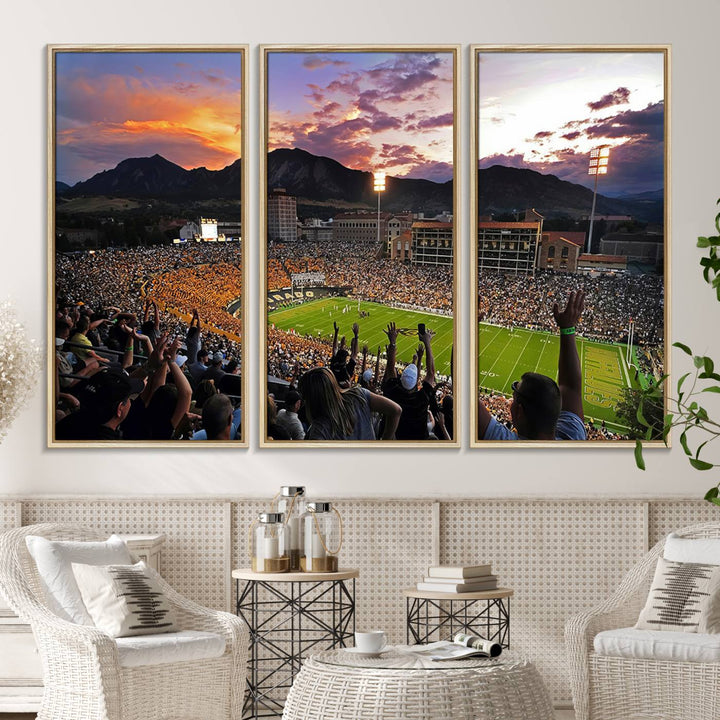The Folsom Field Stadium Print beautifully captures the Colorado Buffaloes stadium at sunset, set against a stunning mountain backdrop.