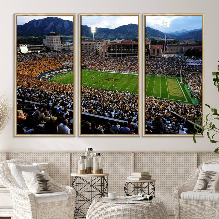 A canvas print captures the Colorado Buffaloes at Folsom Field, framed by mountains in the background.