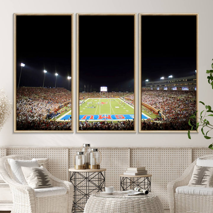 Wide-angle view of a vibrant painting depicting SMU Mustangs Football at Dallas Gerald J. Ford Stadium, capturing the energy and excitement of a filled stadium and brightly lit field.