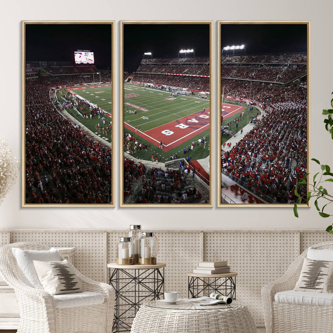 Aerial view of TDECU Stadium at night on the Houston Cougars Football Wall Art Canvas Print.