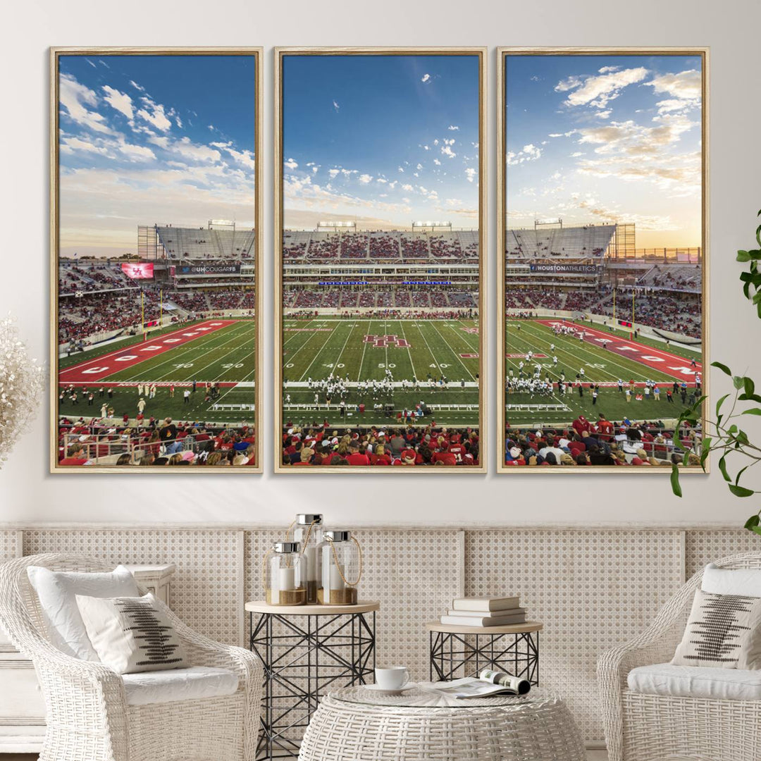 A Houston Cougars print of TDECU Stadium with a game crowd beautifully enhances the living room decor.