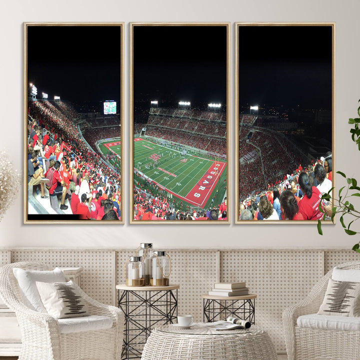 The wall art canvas print features a scene from a packed TDECU Stadium at night, highlighting the field and scoreboard.