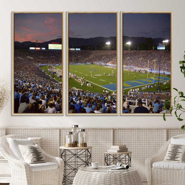 Admire the stunning wall art canvas depicting a UCLA Bruins game with a sunset over the Pasadena Rose Bowl Stadium.