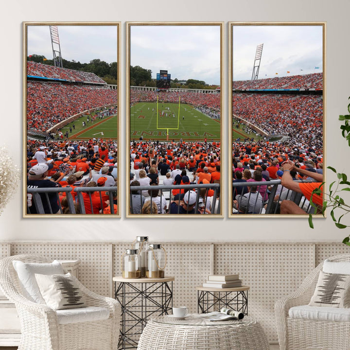 The Virginia Cavaliers Wall Art Canvas Print features a thrilling game at Scott Stadium surrounded by greenery.