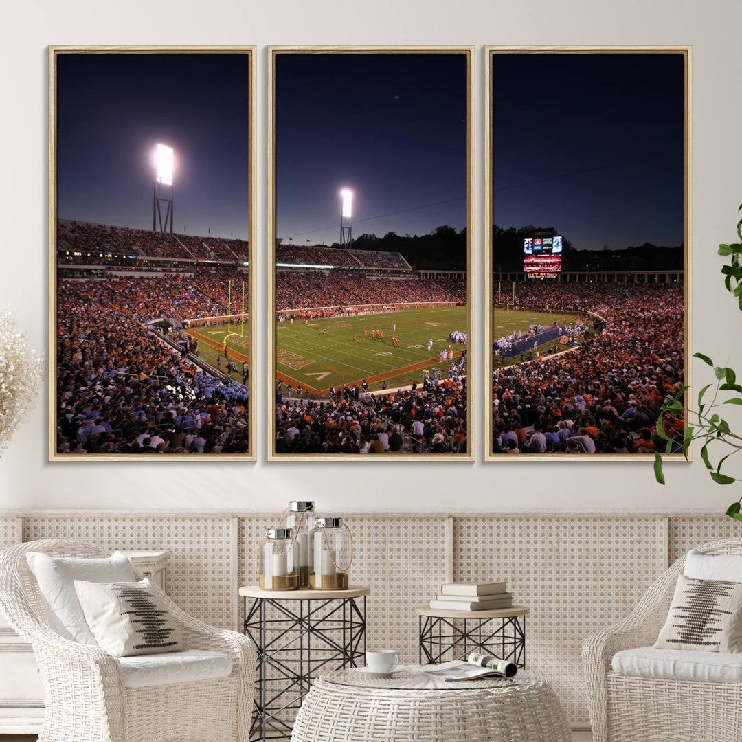 A nighttime game at Scott Stadium, floodlit—a scene from the Virginia Cavaliers Football art print.