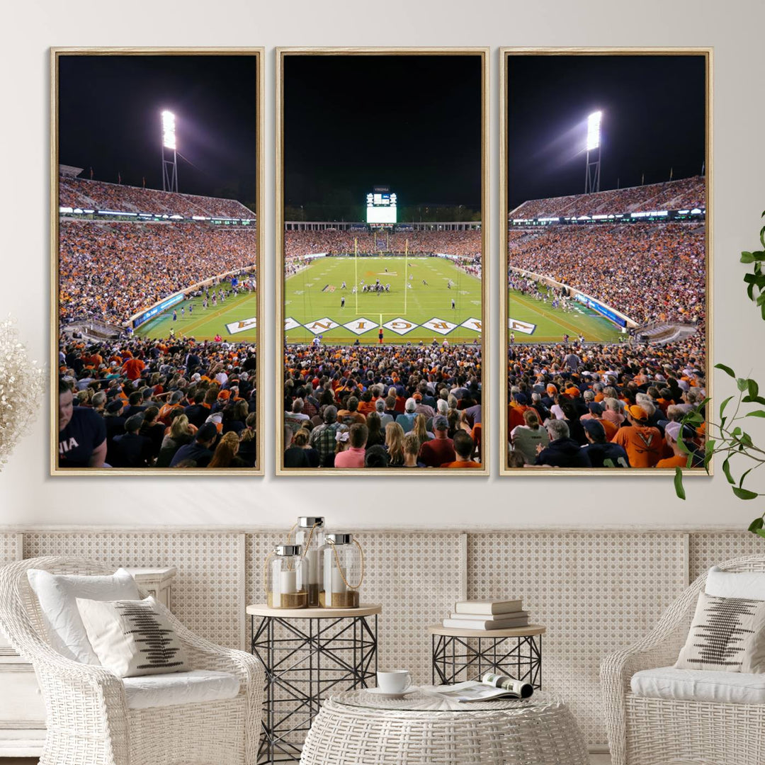 A Virginia Cavaliers Wall Art Canvas Print captures Scott Stadium filled with fans under the night sky.