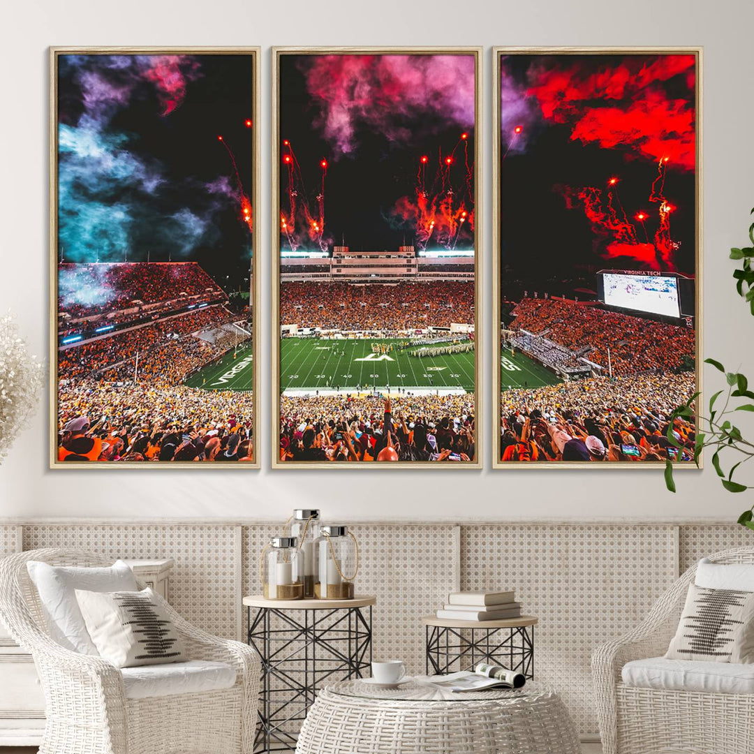 A Hokies football canvas print displays Lane Stadium at night with fireworks.