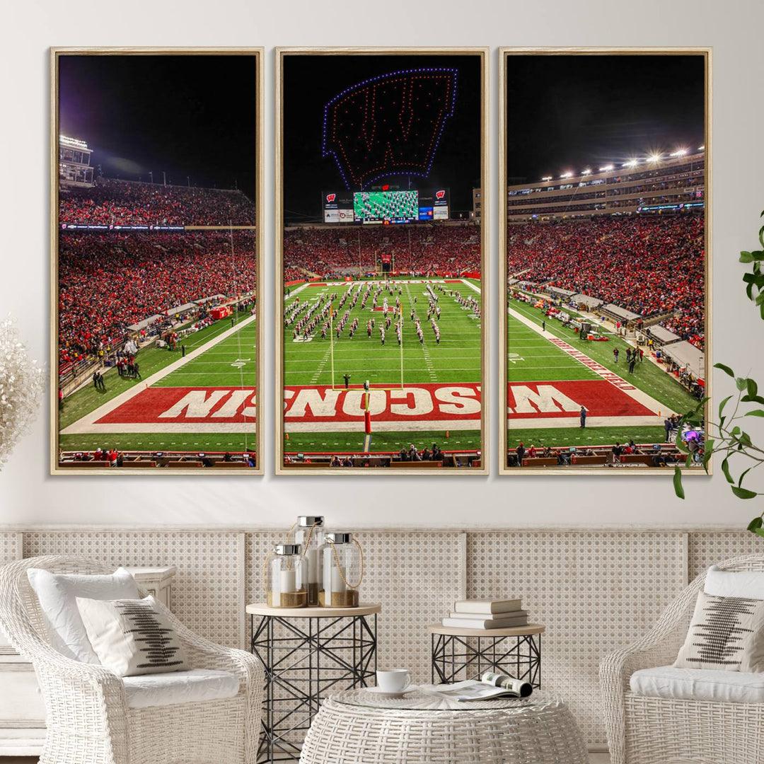 A premium canvas print captures a vibrant scene of Camp Randall Stadium featuring a lively football game with cheering fans and the energetic movements of the band.