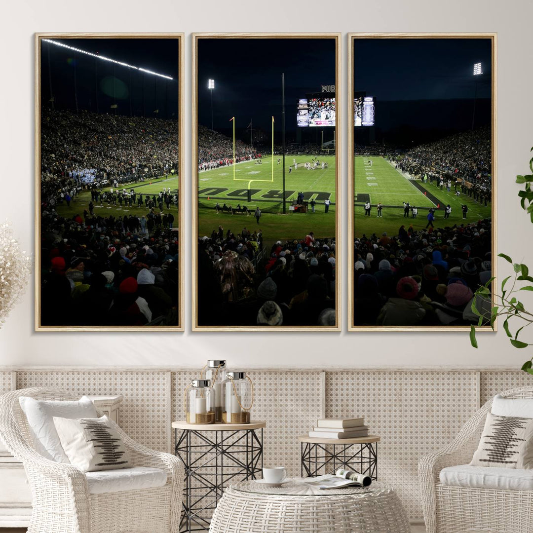 A Purdue Boilermakers canvas print beautifully showcases Ross–Ade Stadium in West Lafayette, vibrant with fans and a large screen display.