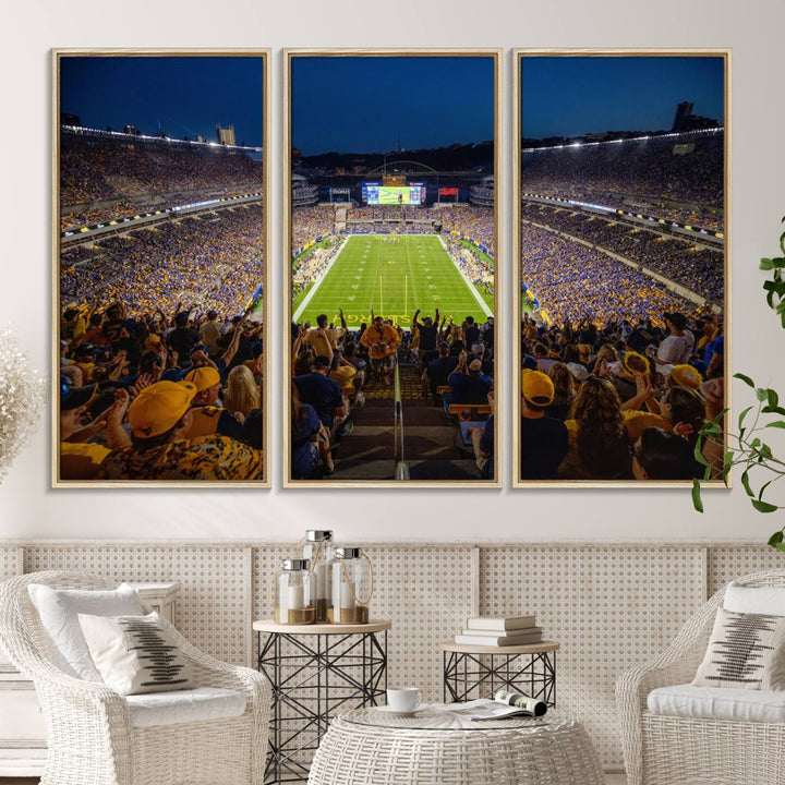 A Pittsburgh Panthers Acrisure Stadium canvas print captures the thrill of a packed stadium under lights and fans cheering.